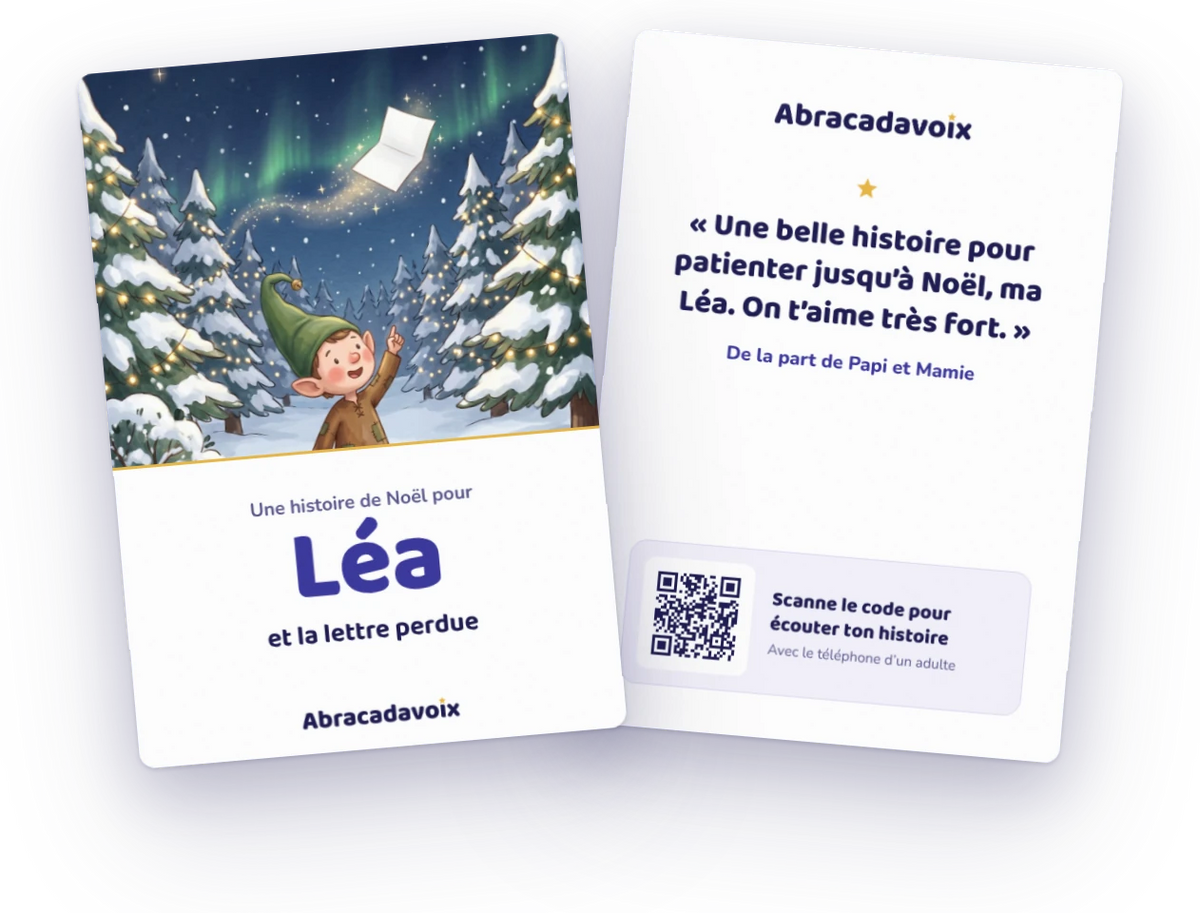 La carte cadeau à imprimer, recto et verso : le prénom de l’enfant, la dédicace et le QR code vers son histoire
