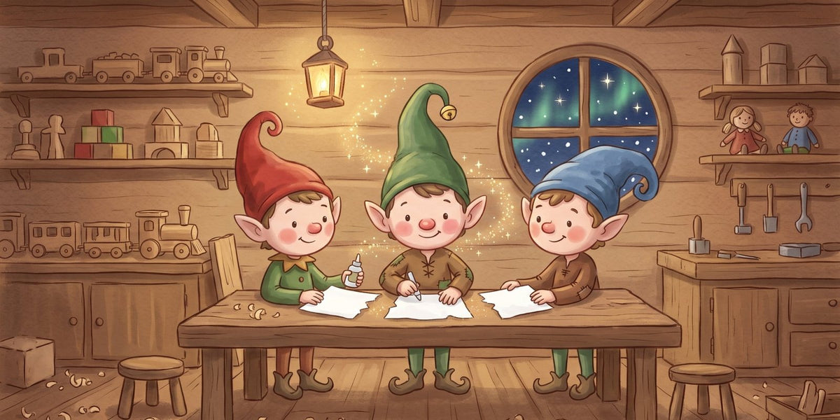 Pépin et deux lutins réparent les trois morceaux de la lettre dans l’atelier du Père Noël