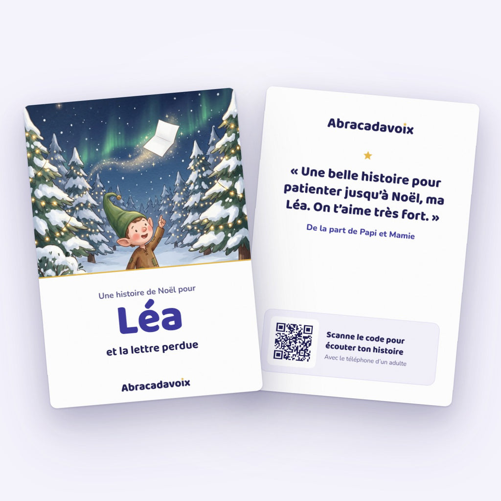 La carte cadeau à imprimer, recto et verso : le prénom de l’enfant, la dédicace et le QR code vers son histoire