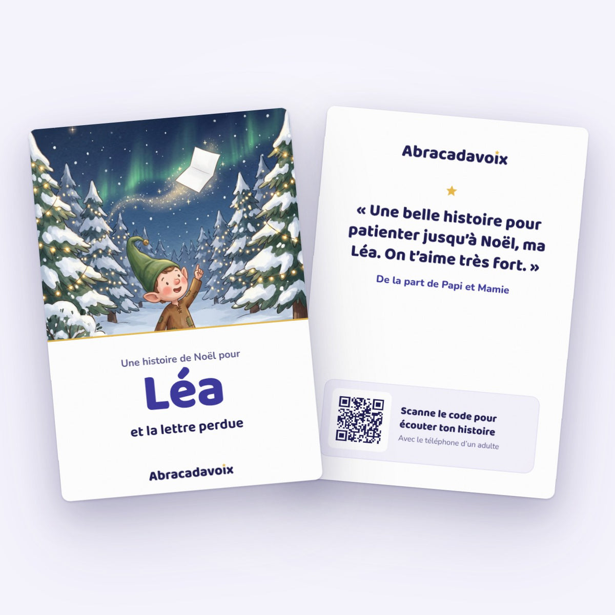 La carte cadeau à imprimer, recto et verso : le prénom de l’enfant, la dédicace et le QR code vers son histoire