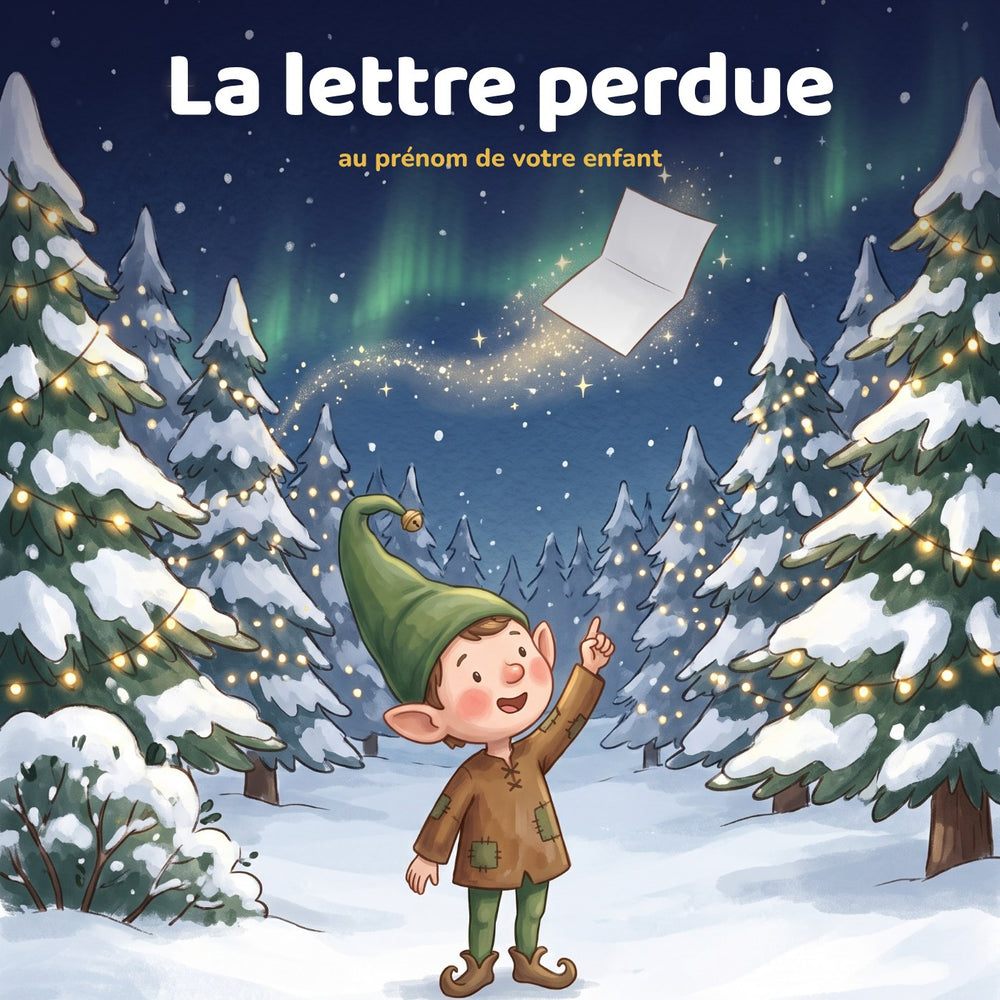 La lettre perdue, histoire audio de Noël au prénom de votre enfant : Pépin le lutin montre la lettre qui s’envole sous les aurores boréales