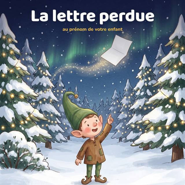 La lettre perdue, histoire audio de Noël au prénom de votre enfant : Pépin le lutin montre la lettre qui s’envole sous les aurores boréales