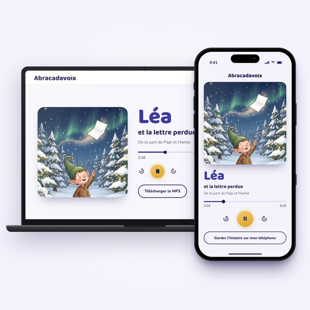La page d’écoute à son prénom, sur ordinateur et sur téléphone, avec le lecteur de l’histoire