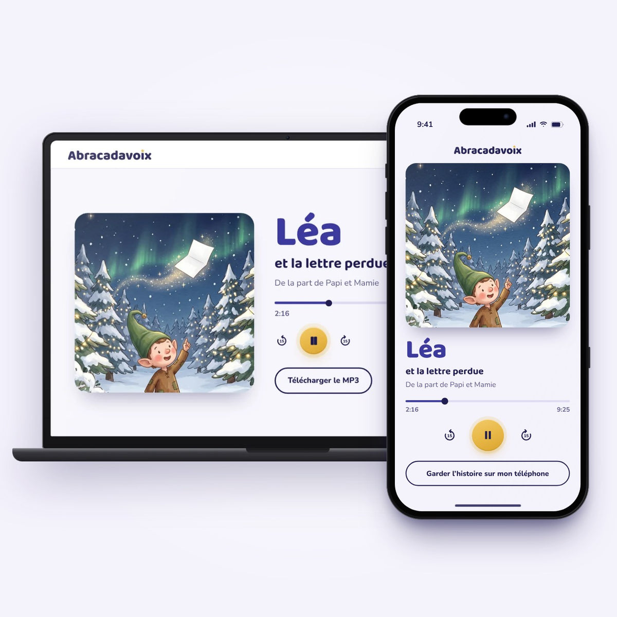 La page d’écoute à son prénom, sur ordinateur et sur téléphone, avec le lecteur de l’histoire